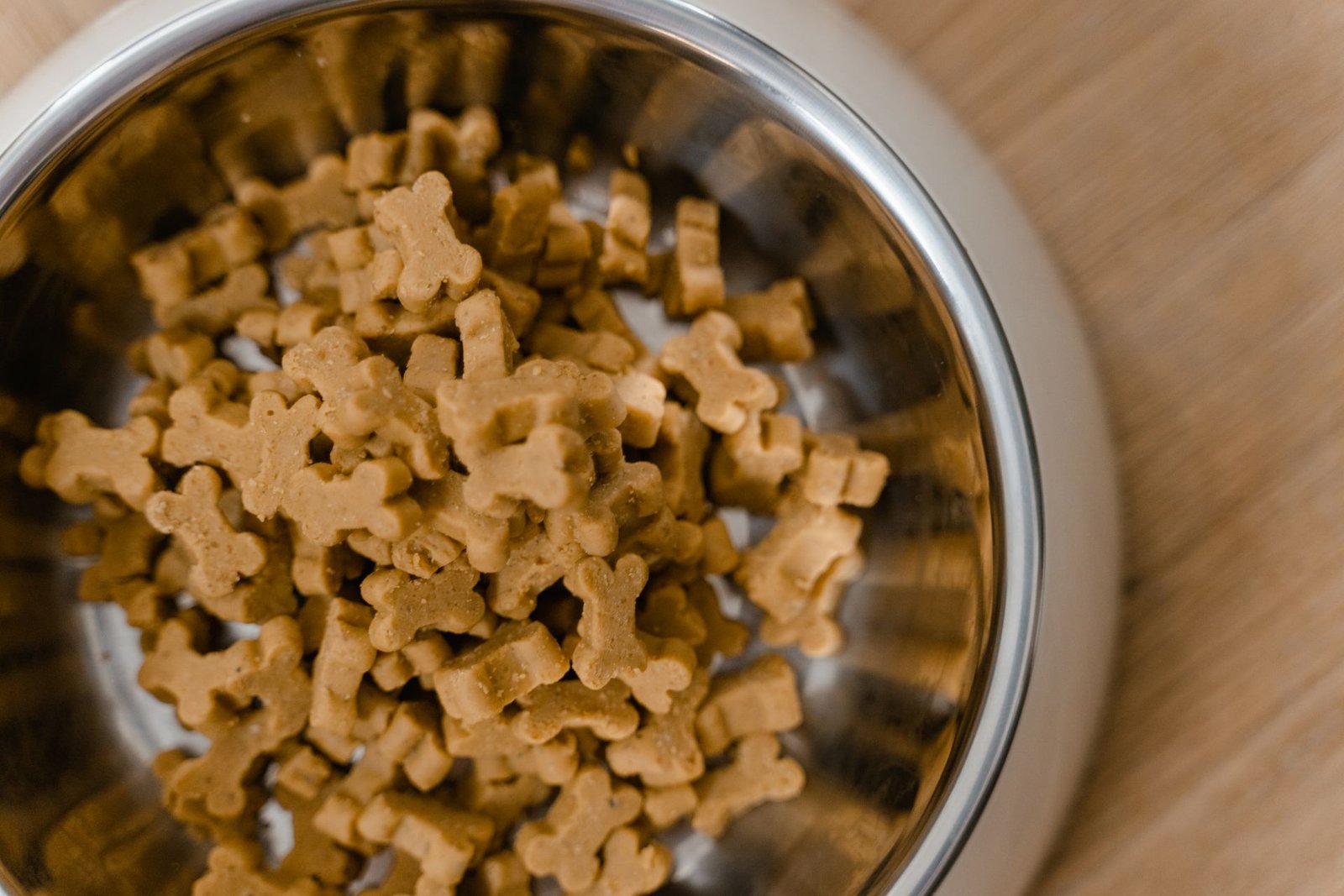 Dog biscuits in a stainless steel bowl close-up