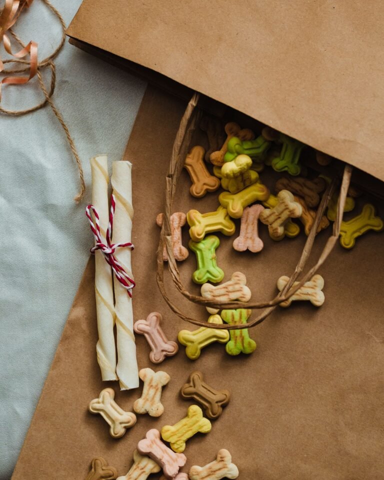 Bone-shaped dog treats spilling from a paper bag