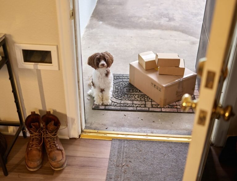 Small dog sitting beside delivered subscription boxes at the front door