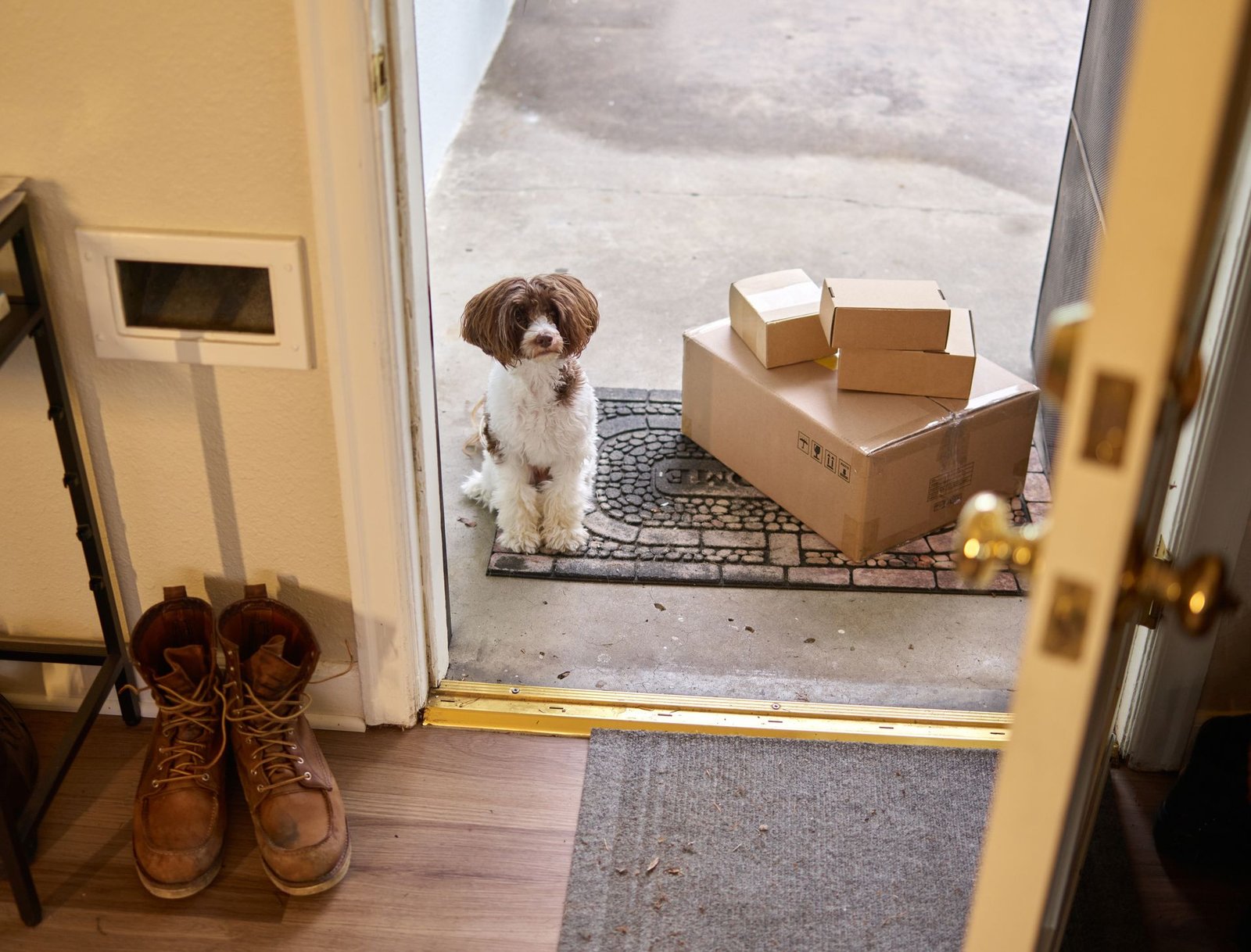 Small dog sitting beside delivered subscription boxes at the front door